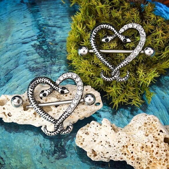 14G 316L Silver Crystal Heart Snake Nipple Rings - Set of 2 - Picture 4 of 4